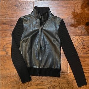 Banana Republic Black Faux Leather Jacket with Sweater Knit Sleeves